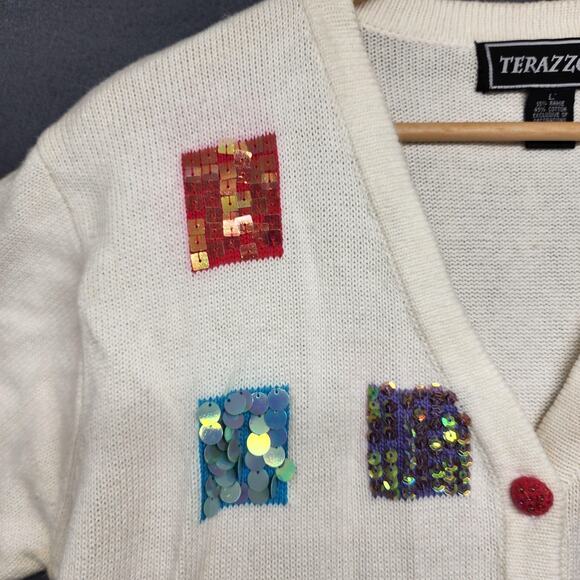 Terazzo Cardigan Sweater Womens Large White Short Sleeve V Neck Sequin Patchwork - Picture 7 of 16